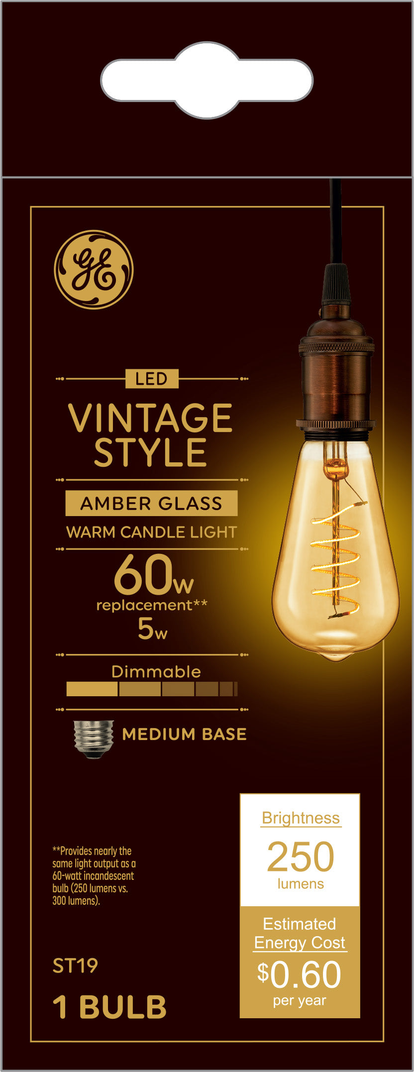 GE Vintage Style LED, Amber Glass, 60 Watt Replacement, ST19 Edison Style Light Bulb